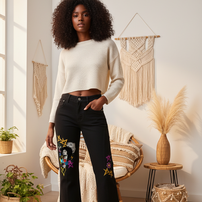 Afro Music & Graffiti Art Graphic Women's Flared Leg Jeans