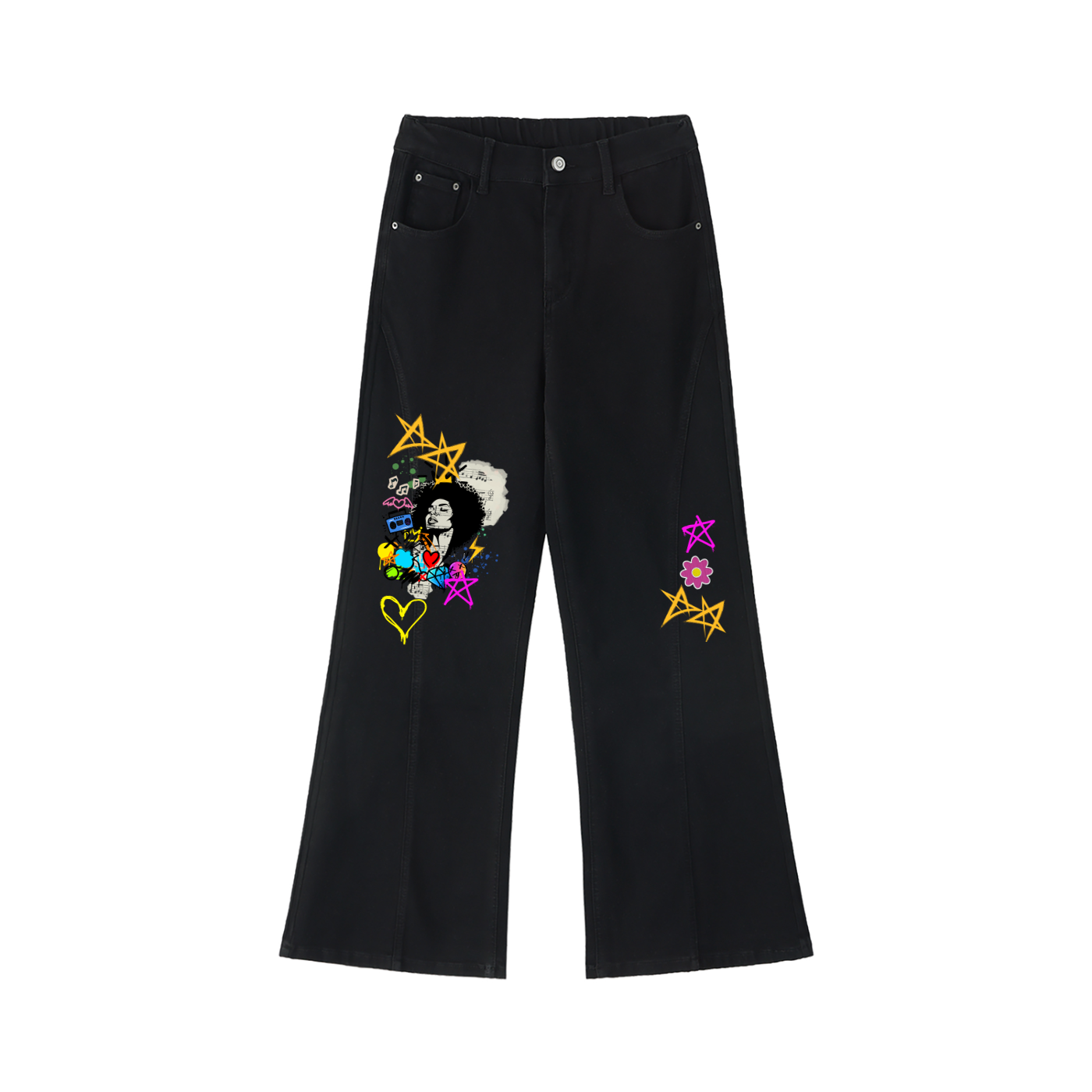 Afro Music & Graffiti Art Graphic Women's Flared Leg Jeans