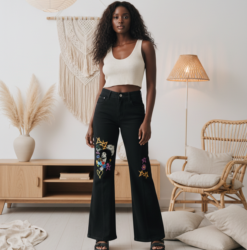 Afro Music & Graffiti Art Graphic Women's Flared Leg Jeans