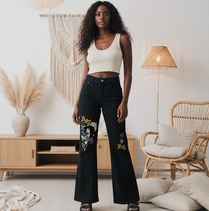 Afro Music & Graffiti Art Graphic Women's Flared Leg Jeans