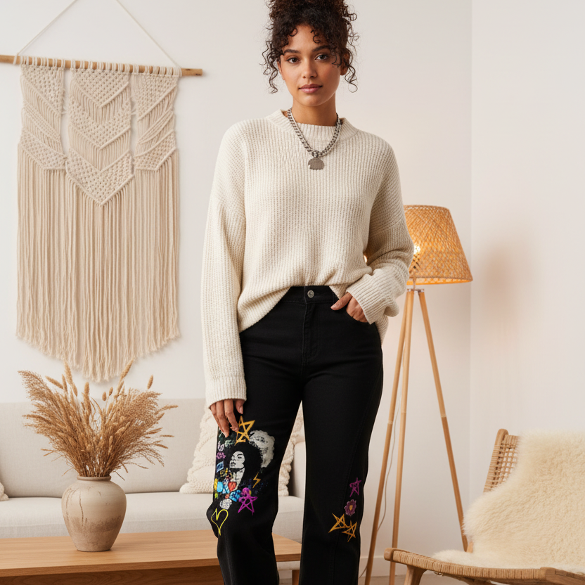 Afro Music & Graffiti Art Graphic Women's Flared Leg Jeans