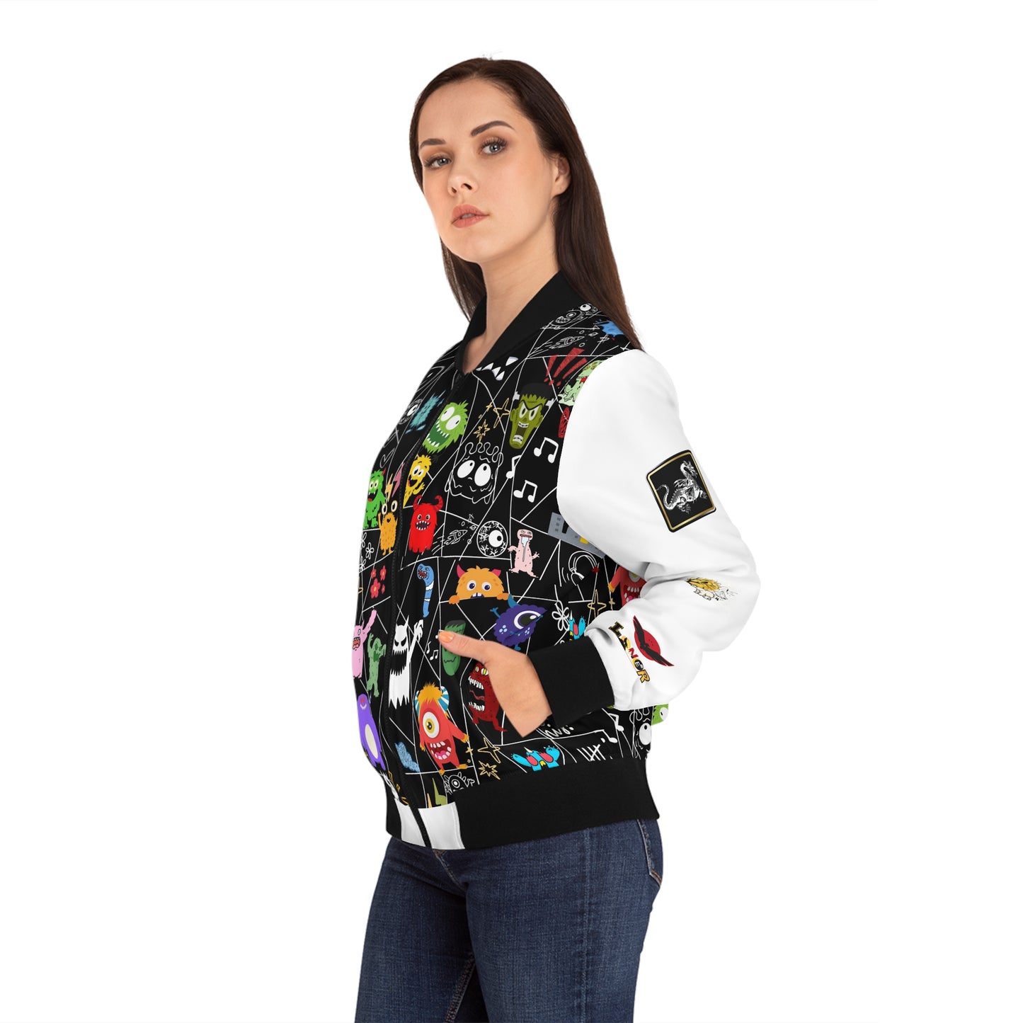 Monster Themed Cartoon Colorful Graphic Women's Jacket, Trendy Outerwear