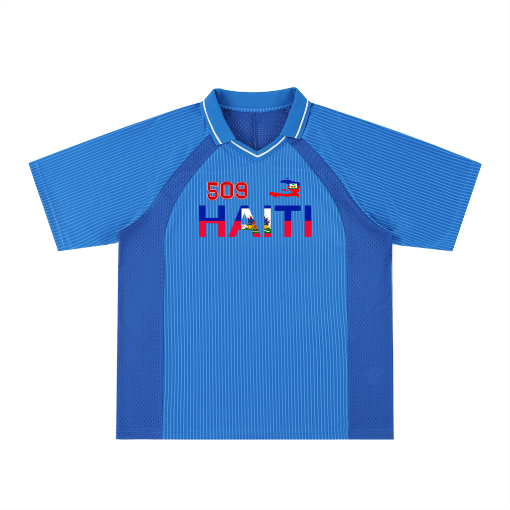 Unisex V-Neck Soccer Jersey Featuring Haiti-Inspired Flag Stripes