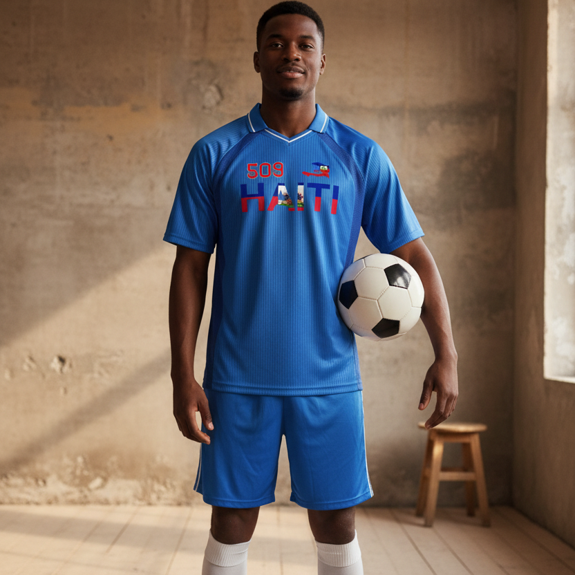 Unisex V-Neck Soccer Jersey Featuring Haiti-Inspired Flag Stripes