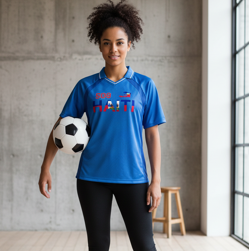 Unisex V-Neck Soccer Jersey Featuring Haiti-Inspired Flag Stripes