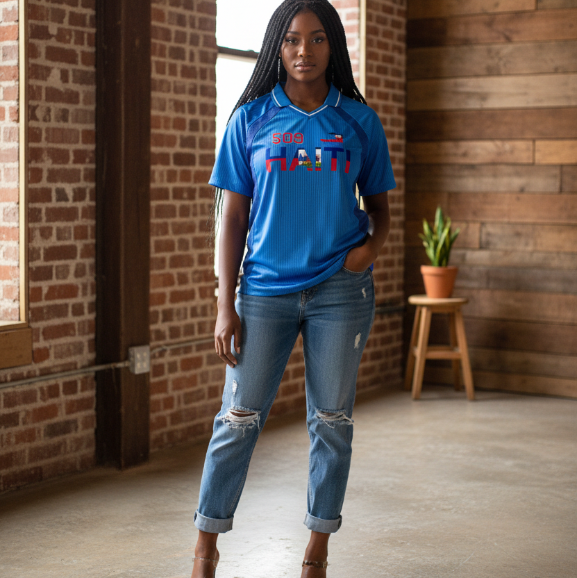 Unisex V-Neck Soccer Jersey Featuring Haiti-Inspired Flag Stripes