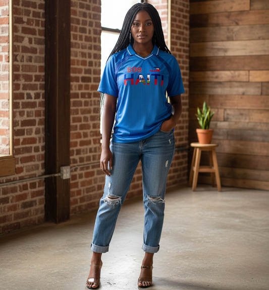 Unisex V-Neck Soccer Jersey Featuring Haiti-Inspired Flag Stripes