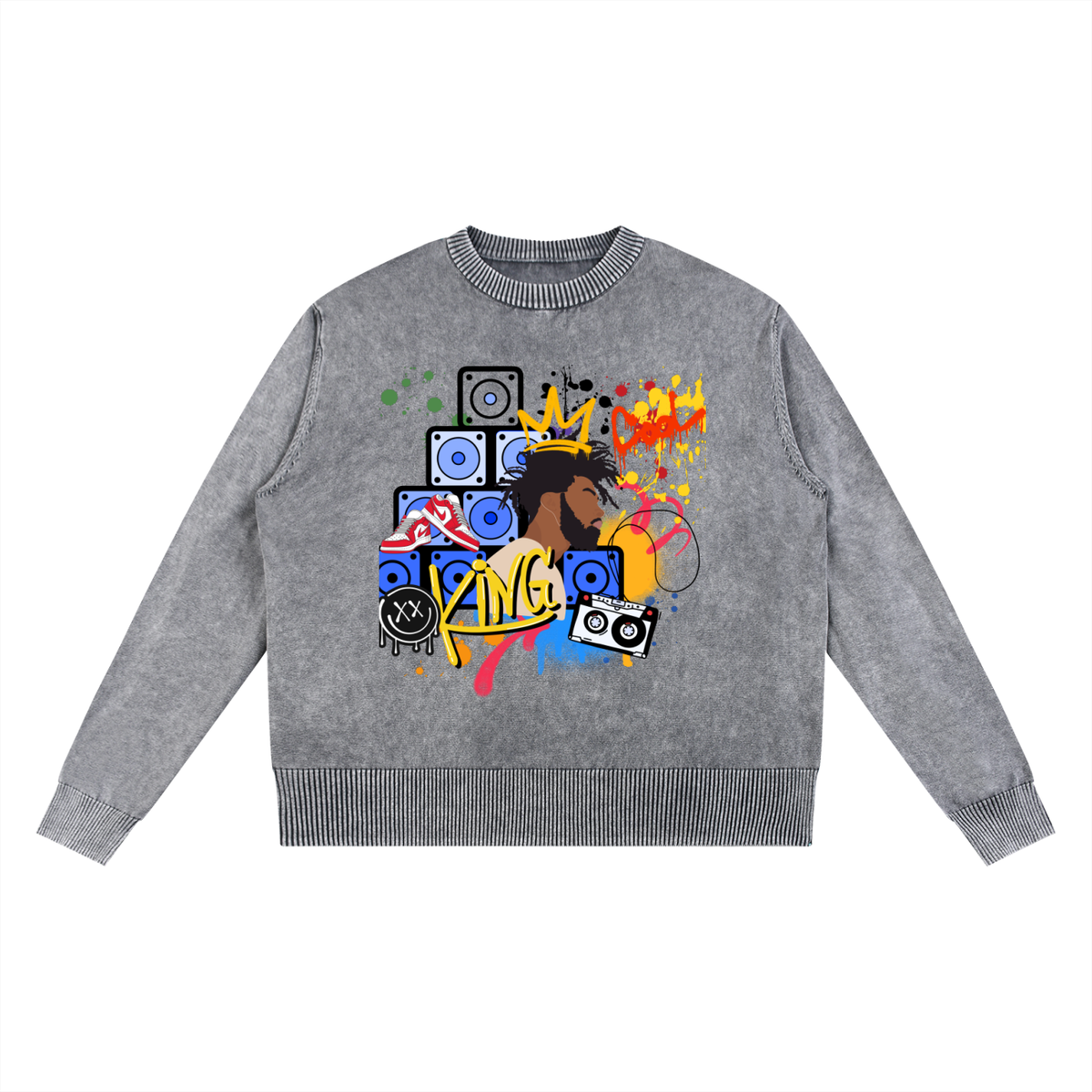 King Art Graphic Men's Mineral Wash Oversized Sweater