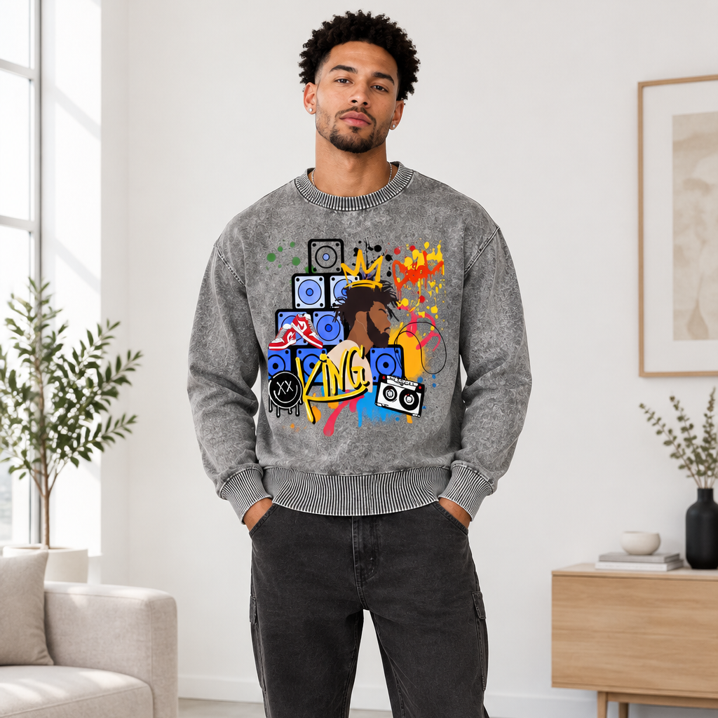 King Art Graphic Men's Mineral Wash Oversized Sweater