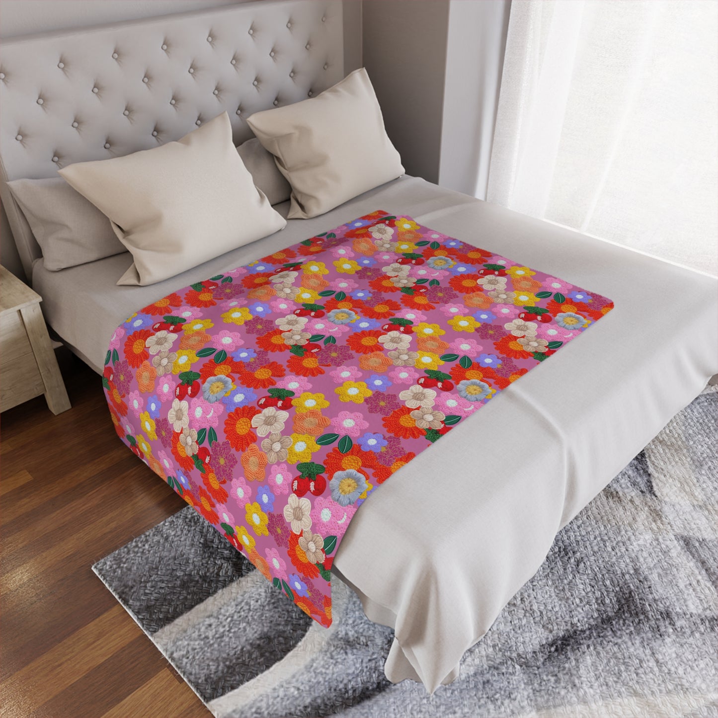 Floral Fiesta Minky Blanket — Bright Retro Flower Pattern, Cozy Throw for Living Room & Kids