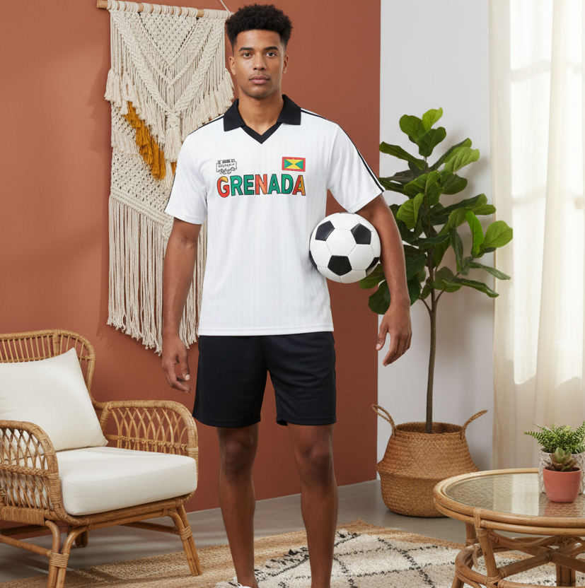Grenada Flag Themed Graphic Collar Striped Soccer Jersey