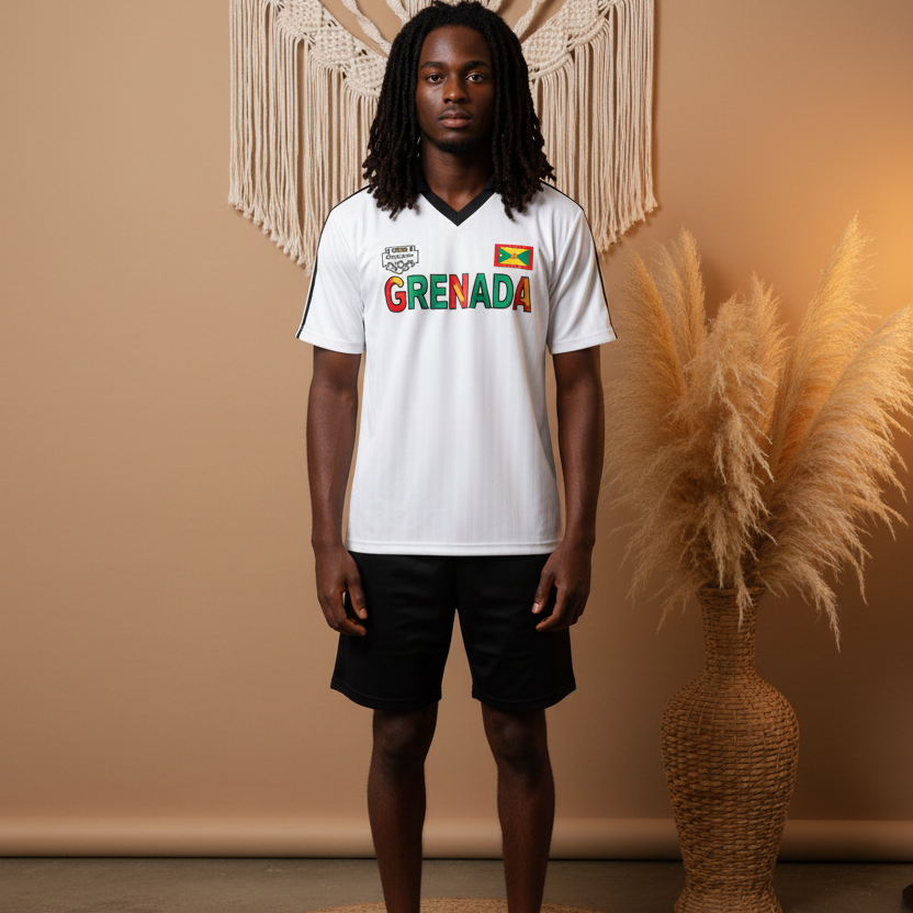 Grenada Flag Themed Graphic Collar Striped Soccer Jersey