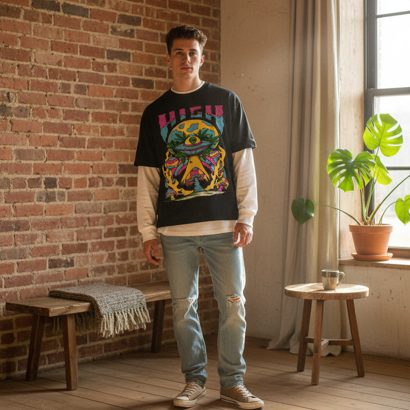 Graphic Alien Art Unisex Layered Contrast Sleeve Cotton T-Shirt