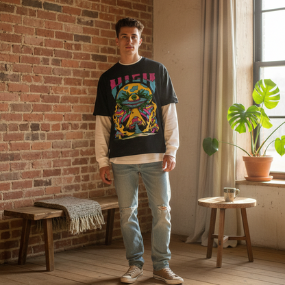 Graphic Alien Art Unisex Layered Contrast Sleeve Cotton T-Shirt