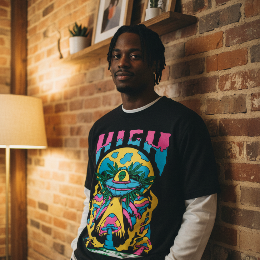 Graphic Alien Art Unisex Layered Contrast Sleeve Cotton T-Shirt