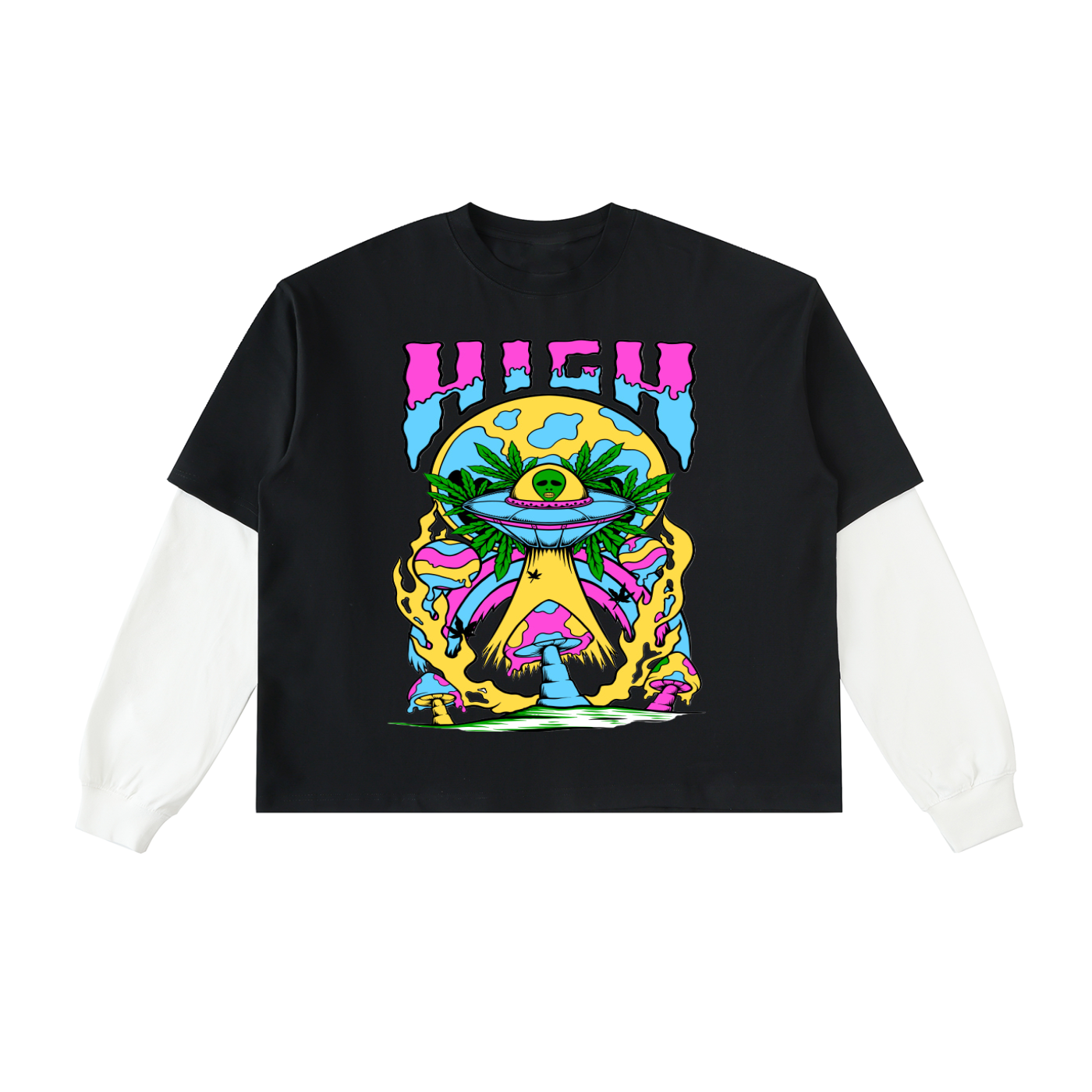 Graphic Alien Art Unisex Layered Contrast Sleeve Cotton T-Shirt