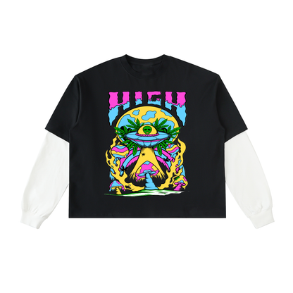 Graphic Alien Art Unisex Layered Contrast Sleeve Cotton T-Shirt