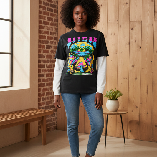 Unisex Cotton T-Shirt with Contrast Layered Sleeves and Graphic Alien Print