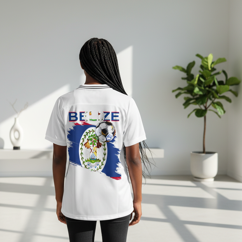 Belize Flag Themed Graphic Unisex Striped V-Neck Soccer Jersey