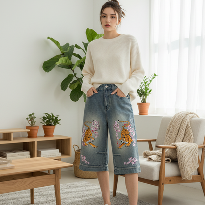 Tiger Art Graphic Unisex Vintage Wash Baggy Denim Shorts