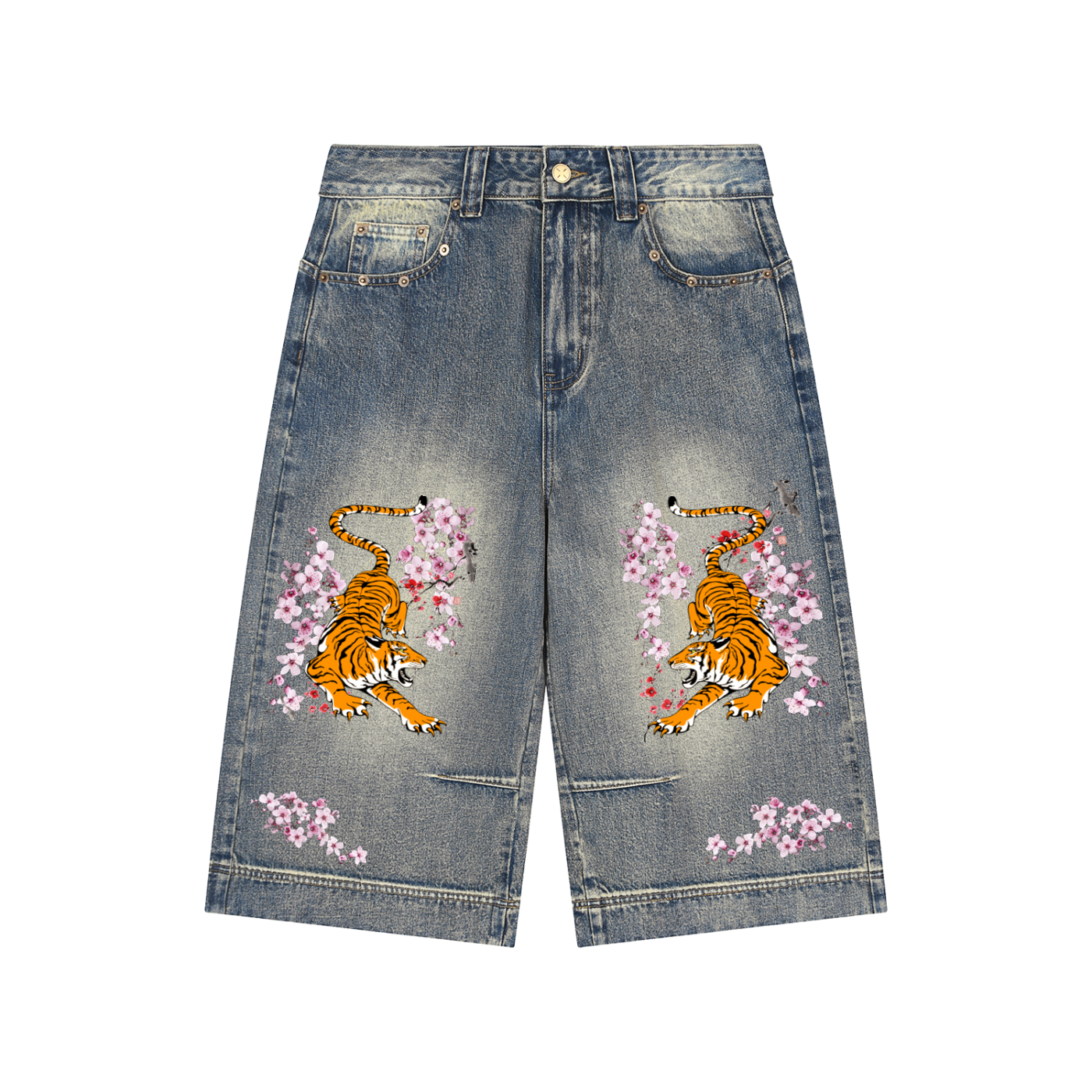 Tiger Art Graphic Unisex Vintage Wash Baggy Denim Shorts