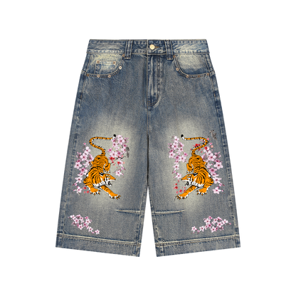 Tiger Art Graphic Unisex Vintage Wash Baggy Denim Shorts