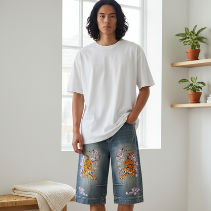 Tiger Art Graphic Unisex Vintage Wash Baggy Denim Shorts