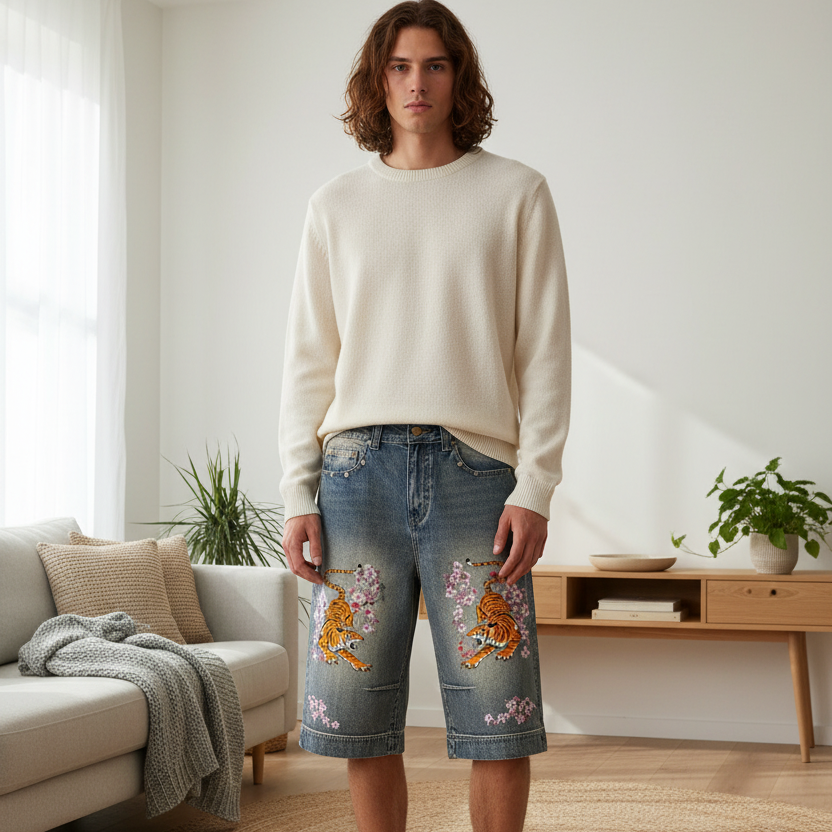Tiger Art Graphic Unisex Vintage Wash Baggy Denim Shorts