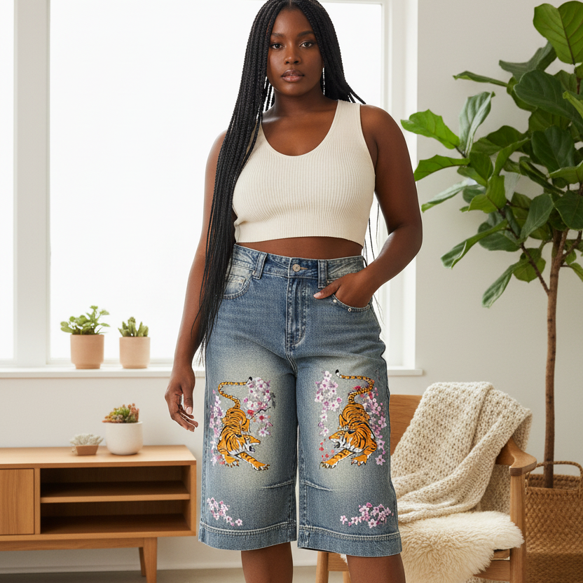 Tiger Art Graphic Unisex Vintage Wash Baggy Denim Shorts