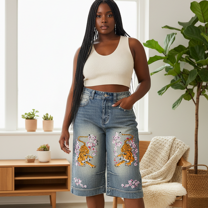 Tiger Art Graphic Unisex Vintage Wash Baggy Denim Shorts