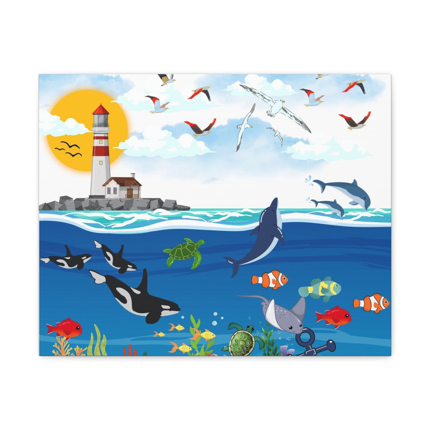 Ocean Symphony Canvas Gallery Wraps, Aquatic Wall Art, Orca Dolphin Decor