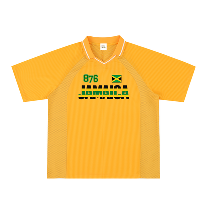 Jamaican Pride, Flag Themed Graphic V-Neck Collared  Unisex Soccer Jersey