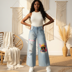 Distressed Wide-Leg Women’s Vintage-Wash Jeans Featuring Afro Queen Graphic Print ODMPOD