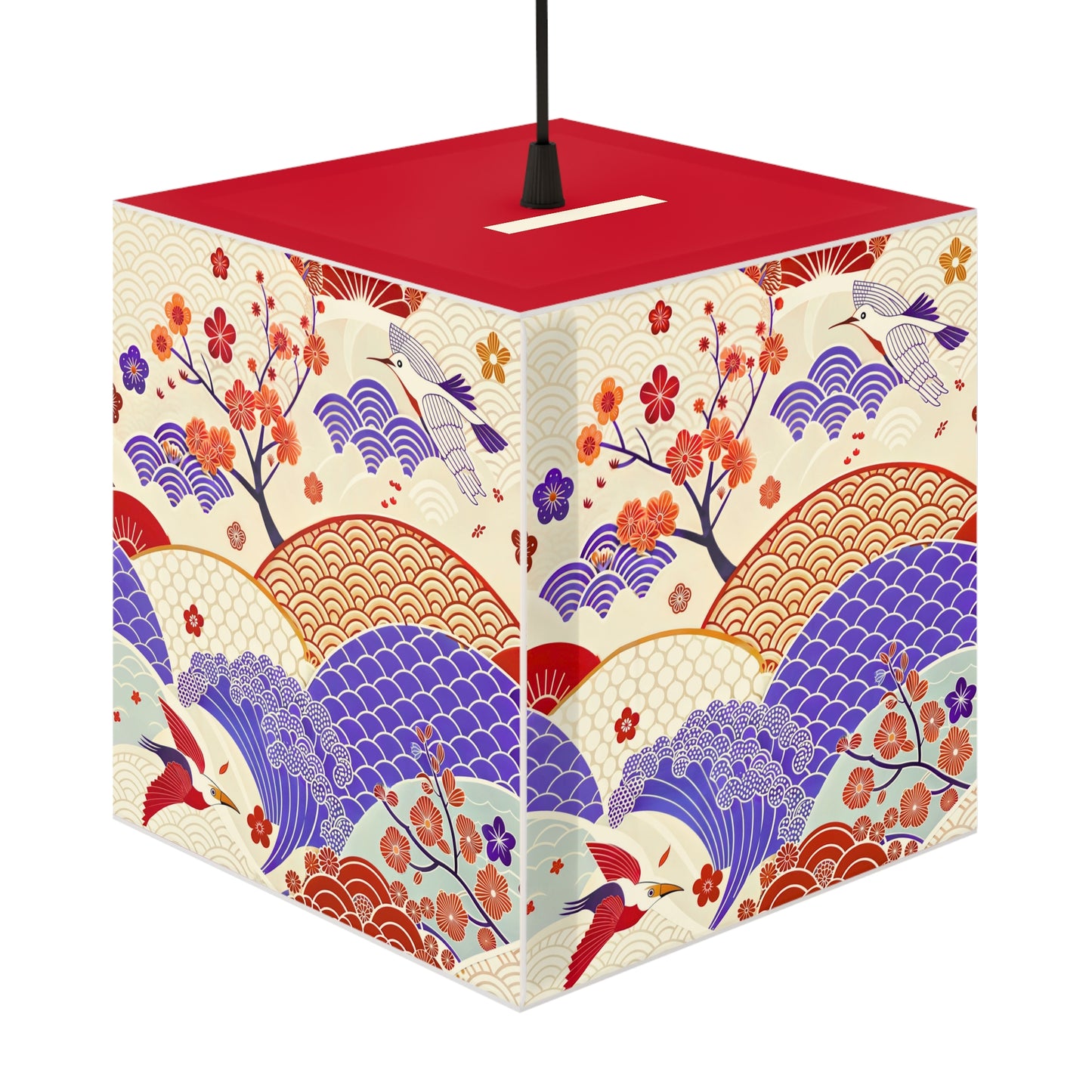 Japanese Wave & Crane Light Cube Lamp — Floral Origami Pattern Ambient Pendant