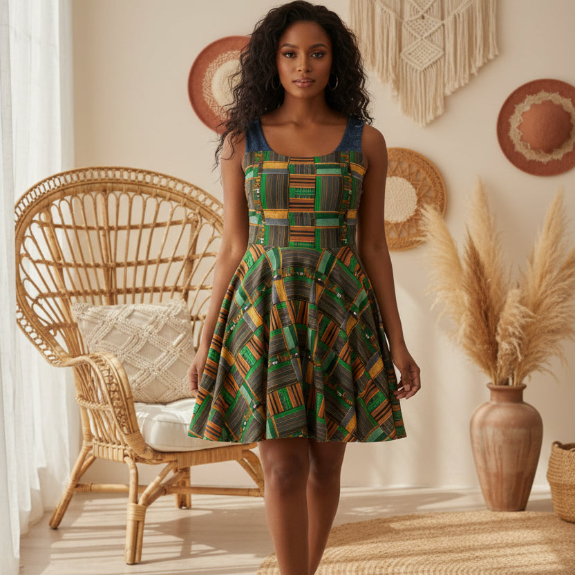 African Kente Print Skater Dress