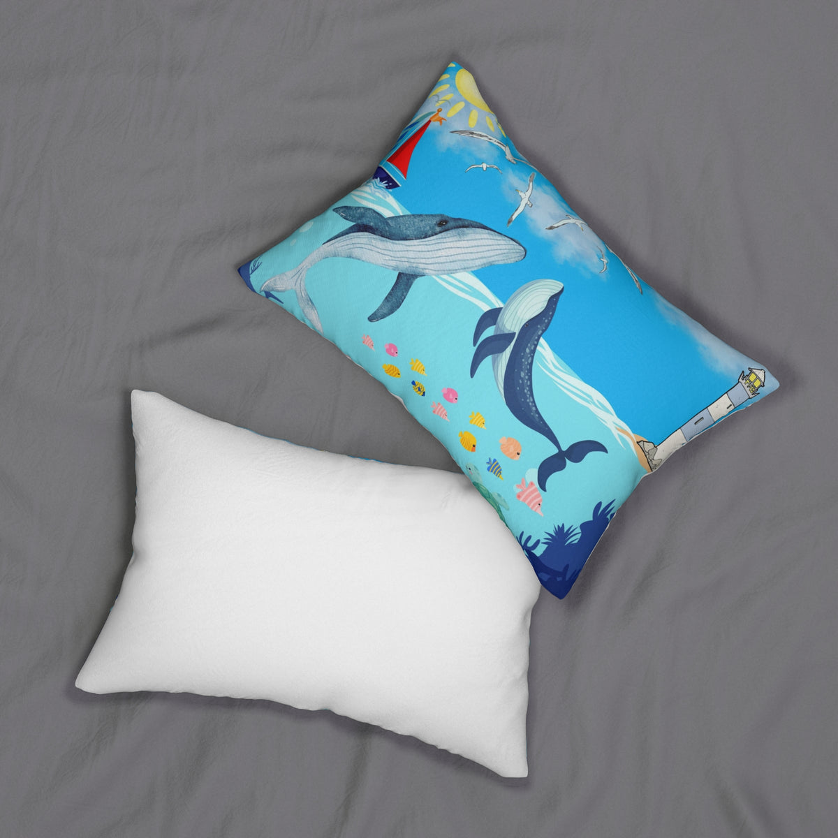 Whale Watching Lumbar Pillow - Coastal Decor for Beach Lovers Printify