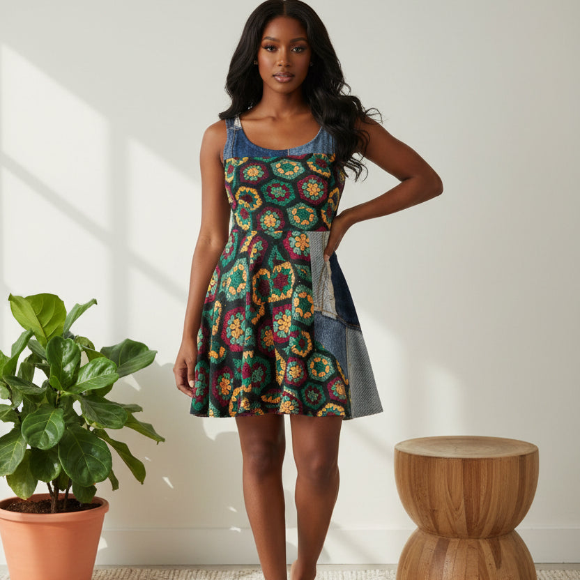 Crochet Hexagon Pattern Print Skater Dress — Retro Boho Floral Inspired Printify