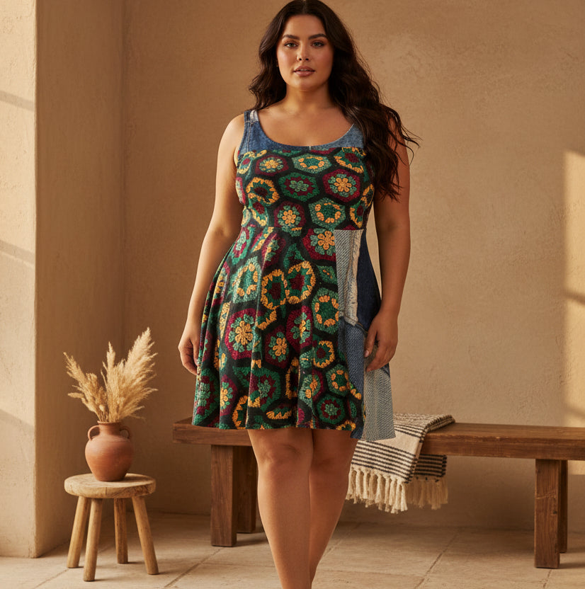 Crochet Hexagon Pattern Print Skater Dress — Retro Boho Floral Inspired