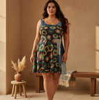 Crochet Hexagon Pattern Print Skater Dress — Retro Boho Floral Inspired