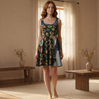 Crochet Hexagon Pattern Print Skater Dress — Retro Boho Floral Inspired