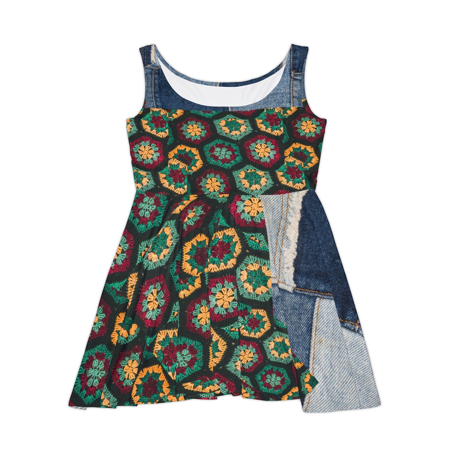 Crochet Hexagon Pattern Print Skater Dress — Retro Boho Floral Inspired