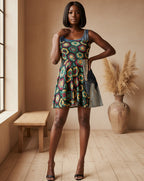 Crochet Hexagon Pattern Print Skater Dress — Retro Boho Floral Inspired