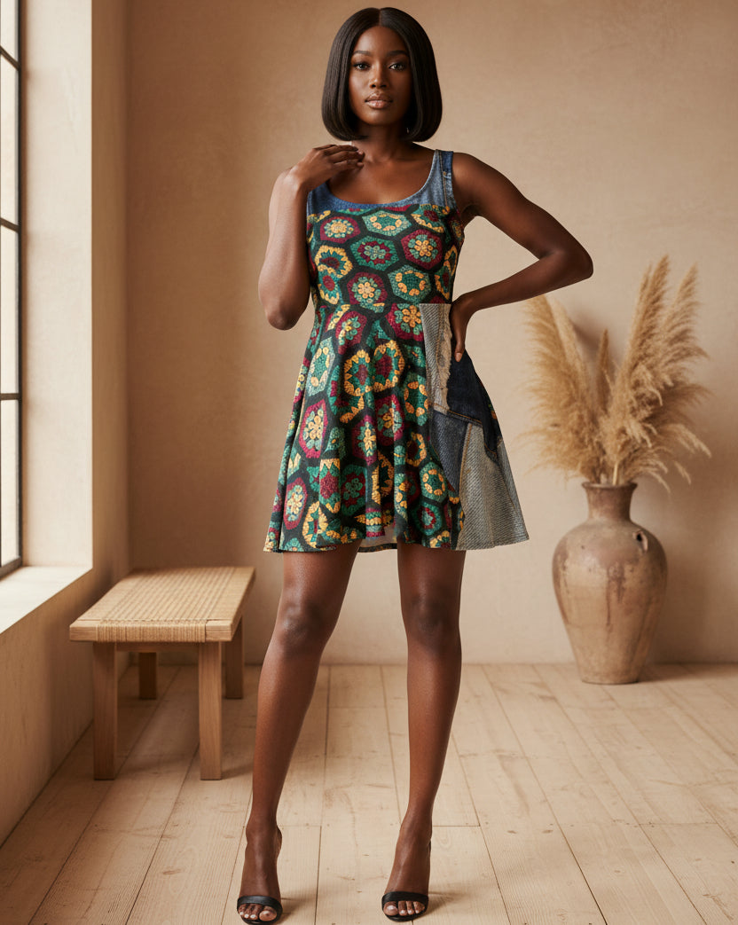 Crochet Hexagon Pattern Print Skater Dress — Retro Boho Floral Inspired