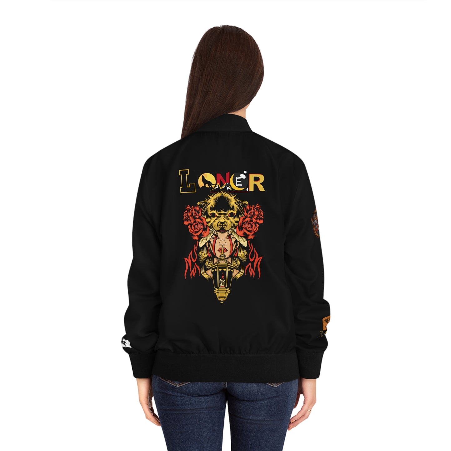 Wolf Themed Women's Bomber Jacket, Illusion Art Graphic Outerwear, Wild Animal Print