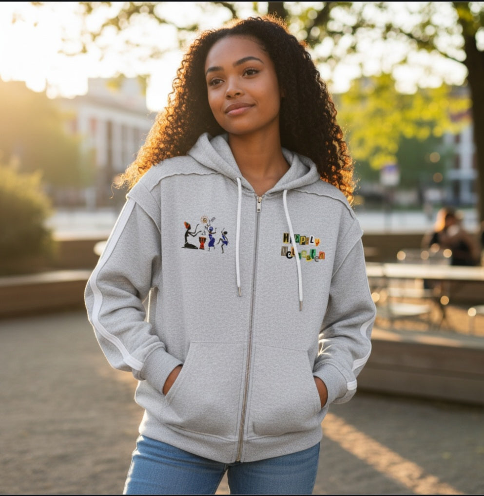 Jazz Singer Graphic Double-Layered Zip-Up Hoodie, featuring contrast tape detailing and raw-edge accents. ODMPOD