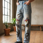 Denim Jeans Featuring a Raw Hem and Colorful Dragon Art with a Faded Sun Effect ODMPOD