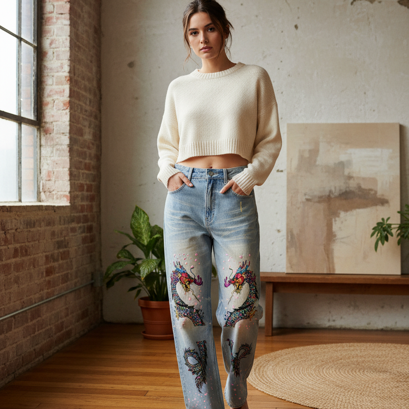 Denim Jeans Featuring a Raw Hem and Colorful Dragon Art with a Faded Sun Effect ODMPOD