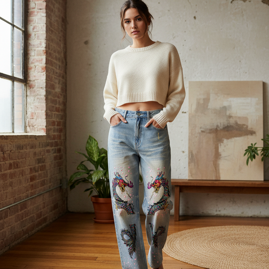 Denim Jeans Featuring a Raw Hem and Colorful Dragon Art with a Faded Sun Effect ODMPOD