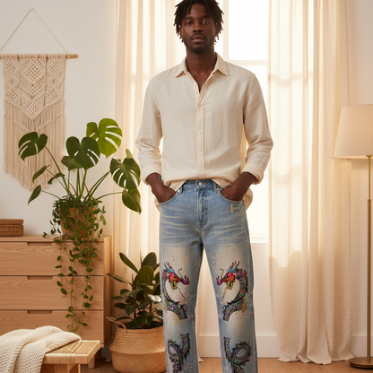 Colorful Unisex Dragon Art Graphic Sun Fade Raw Hem Denim Jeans