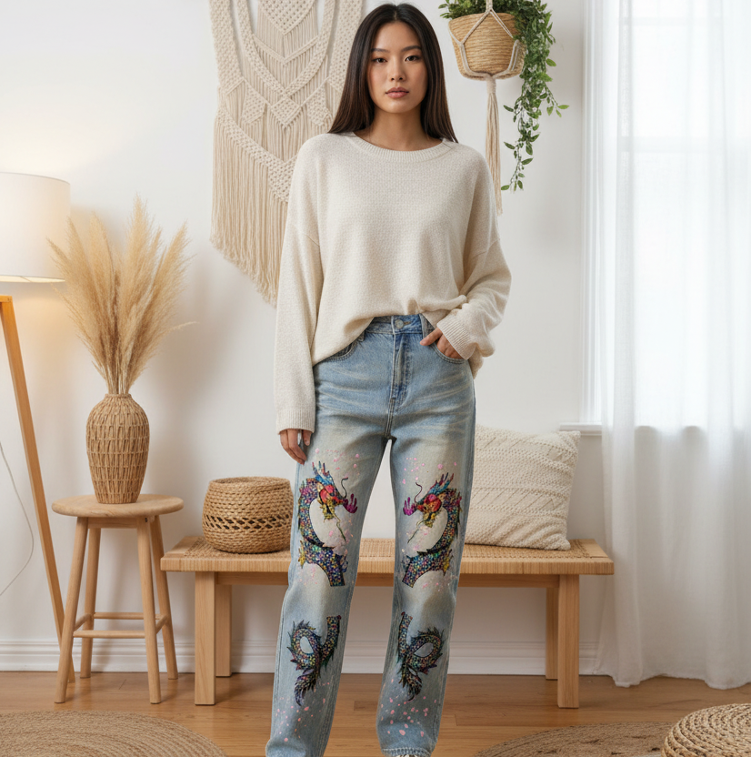 Colorful Unisex Dragon Art Graphic Sun Fade Raw Hem Denim Jeans